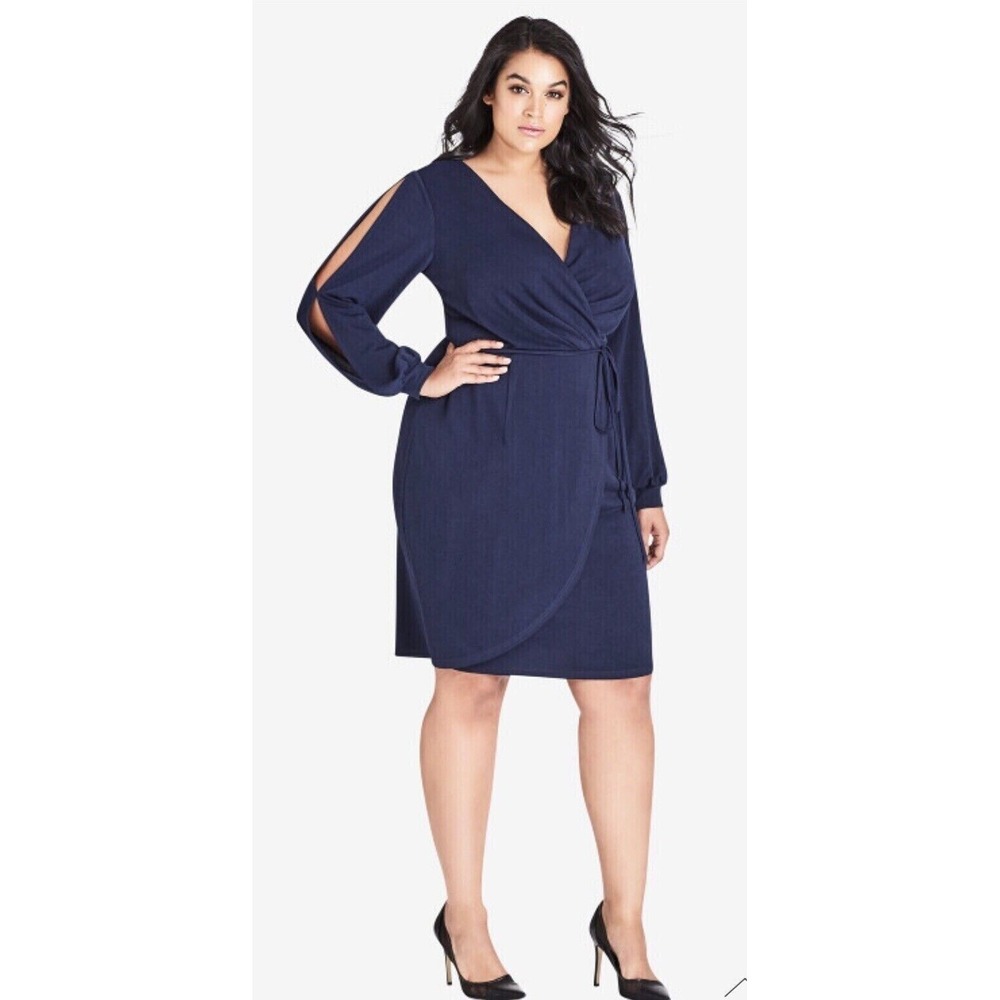 City Chic Navy Slit Long Sleeve Faux Wrap Dress Size 18